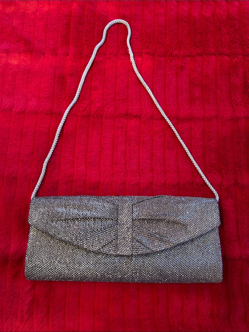 Jessica McClintock Silver Sparkle Evening Clutch with Rope Strap